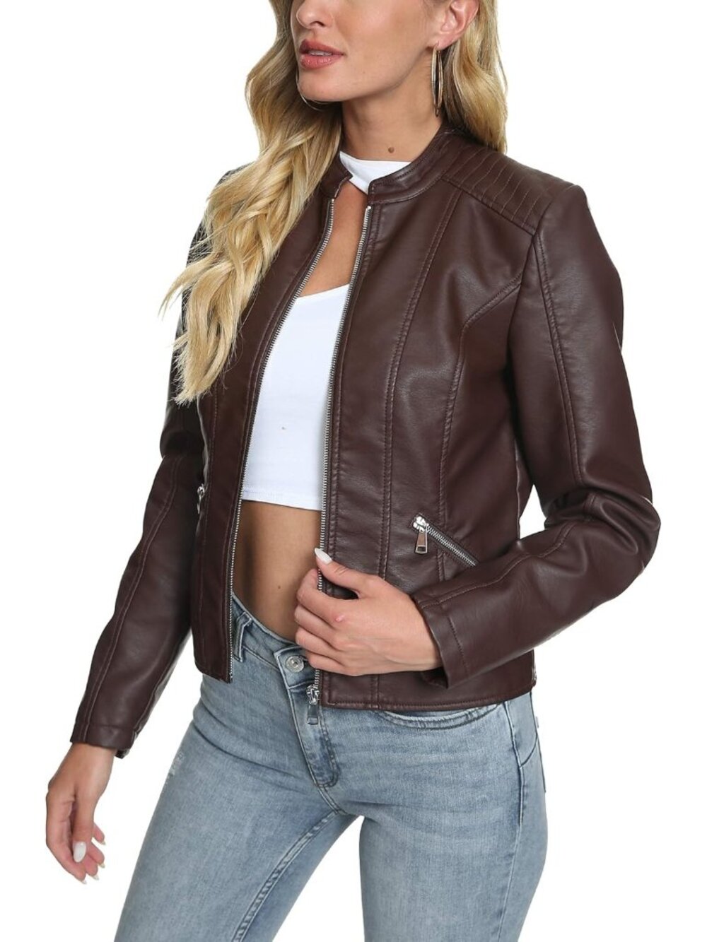 Women's Coffee Zip Leather Jackets Motorcycle Stylish Moto Biker Outwear Coat